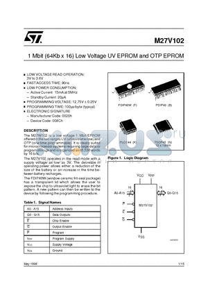 M27V102-100K1TR datasheet - 1 Mbit 64Kb x 16 Low Voltage UV EPROM and OTP EPROM