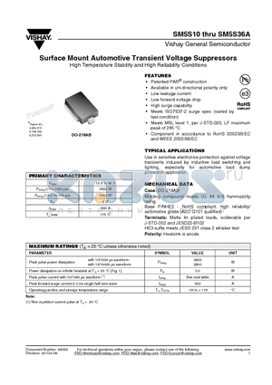 SM5S13 datasheet - Surface Mount Automotive Transient Voltage Suppressors