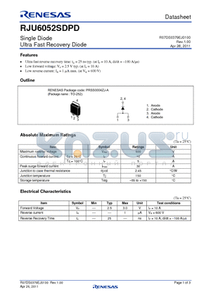 RJU6052SDPD datasheet - Single Diode Ultra Fast Recovery Diode