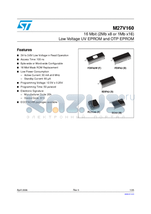 M27V160-100B1 datasheet - 16 Mbit (2Mb x8 or 1Mb x16) Low Voltage UV EPROM and OTP EPROM