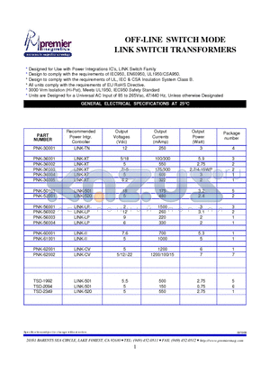 PNK-36005 datasheet - OFF-LINE SWITCH MODE LINK SWITCH TRANSFORMERS