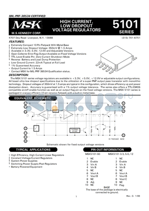 MSK5101-00 datasheet - HIGH CURRENT, LOW DROPOUT VOLTAGE REGULATORS