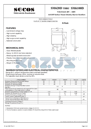 SM620D datasheet - 6.0AMP Surface Mount Schottky Barrier Rectifiers