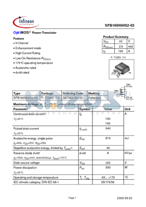 SPB160N04S2-03 datasheet - OptiMOS Power-Transistor