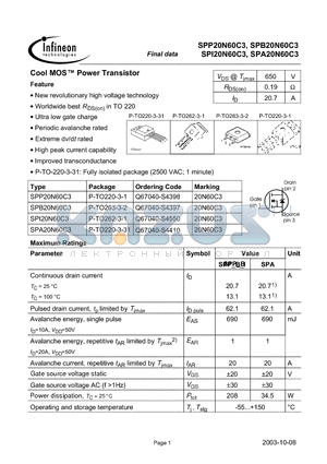 SPB20N60C3 datasheet - Cool MOS Power Transistor