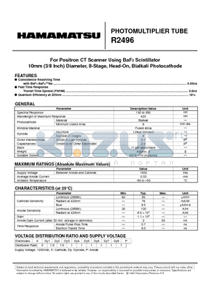 R2496 datasheet - PHOTOMULTIPLIER TUBE