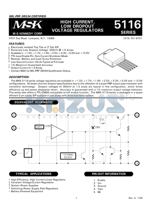 MSK5116-1.5ETS datasheet - HIGH CURRENT, LOW DROPOUT VOLTAGE REGULATORS