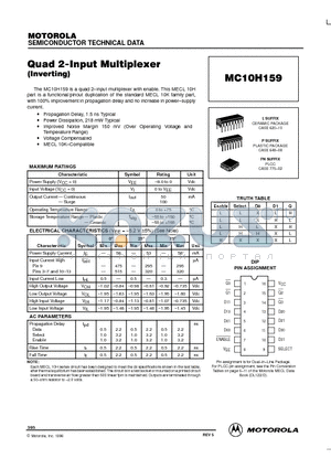 MC10H159 datasheet - Quad 2-Input Multiplexer(Inverting)