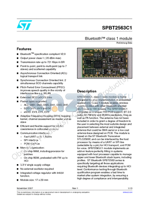 SPBT2563C1 datasheet - Bluetooth class 1 module