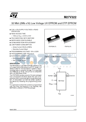 M27V322-100XP6 datasheet - 32 Mbit 2Mb x16 Low Voltage UV EPROM and OTP EPROM