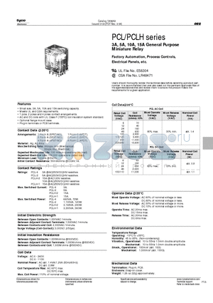 PCL-102DFPL000 datasheet - 3A, 5A, 10A, 15A General Purpose Miniature Relay