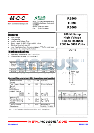 R2500 datasheet - 200 Milliamp High Voltage Silicon Rectifier 2500 to 3000 Volts