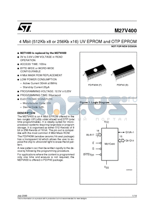 M27V400-100XB1TR datasheet - 4 Mbit 512Kb x8 or 256Kb x16 UV EPROM and OTP EPROM