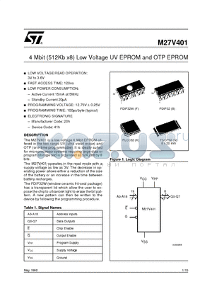 M27V401 datasheet - 4 Mbit 512Kb x8 Low Voltage UV EPROM and OTP EPROM