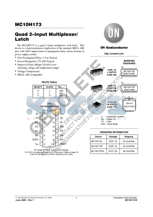 MC10H173FN datasheet - Quad 2−Input Multiplexer/Latch