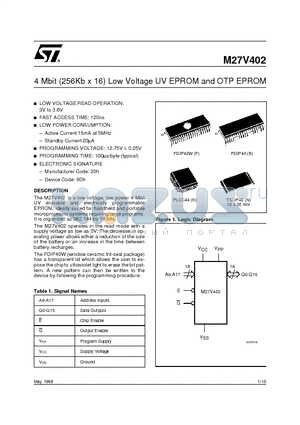 M27V402 datasheet - 4 Mbit 256Kb x 16 Low Voltage UV EPROM and OTP EPROM