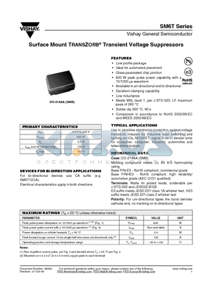 SM6T15A datasheet - Surface Mount TRANSZORB^ Transient Voltage Suppressors