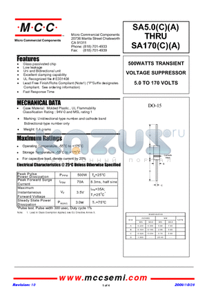 SA13A datasheet - 500WATTS TRANSIENT VOLTAGE SUPPRESSOR 5.0 TO 170 VOLTS