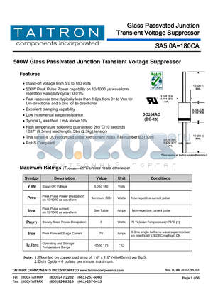SA13A datasheet - 500W Glass Passivated Junction Transient Voltage Suppressor