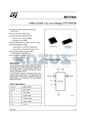 M27V405 datasheet - 4 Mbit 512Kb x 8 Low Voltage OTP EPROM