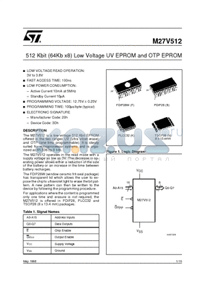 M27V512-100N6TR datasheet - 512 Kbit 64Kb x8 Low Voltage UV EPROM and OTP EPROM