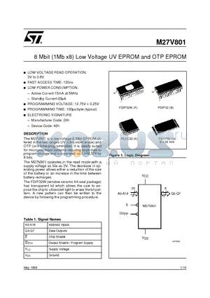 M27V801-120P6TR datasheet - 8 Mbit 1Mb x8 Low Voltage UV EPROM and OTP EPROM