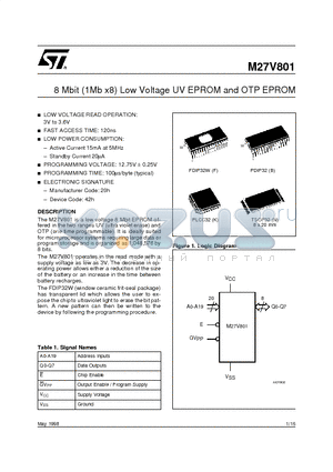 M27V801-180K1TR datasheet - 8 Mbit 1Mb x8 Low Voltage UV EPROM and OTP EPROM