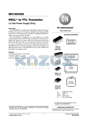 MC10H350FNG datasheet - PECL* to TTL Translator (5 Vdc Power Supply Only)