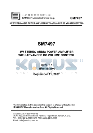 SM7497 datasheet - 3W STEREO AUDIO POWER AMPLIFIER WITH ADVANCED DC VOLUME CONTROL