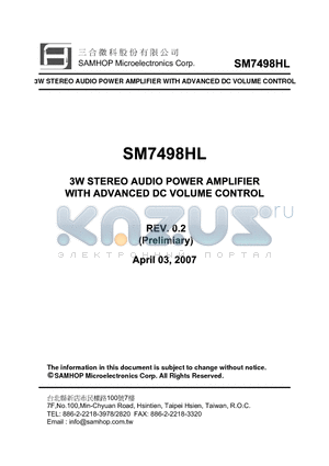 SM7498 datasheet - 3W STEREO AUDIO POWER AMPLIFIER WITH ADVANCED DC VOLUME CONTROL