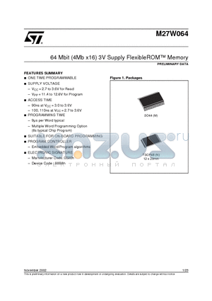 M27W064-110N1T datasheet - 64 Mbit 4Mb x16 3V Supply FlexibleROM Memory