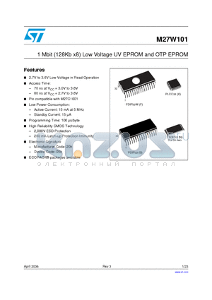 M27W101 datasheet - 1 Mbit (128Kb x8) Low Voltage UV EPROM and OTP EPROM