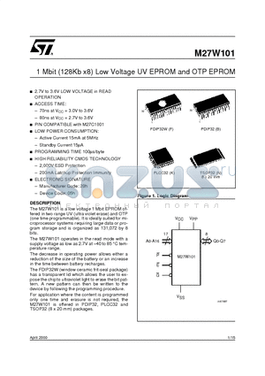 M27W101-100B6TR datasheet - 1 Mbit 128Kb x8 Low Voltage UV EPROM and OTP EPROM