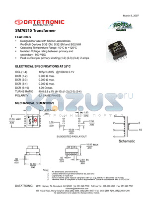 SM76315 datasheet - Transformer