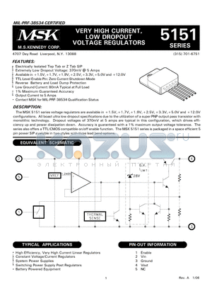 MSK5151-1.5HTS datasheet - VERY HIGH CURRENT, LOW DROPOUT VOLTAGE REGULATORS