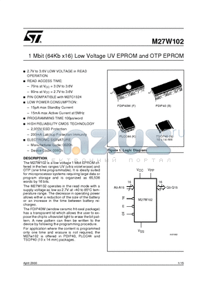 M27W102-100B6TR datasheet - 1 Mbit 64Kb x16 Low Voltage UV EPROM and OTP EPROM