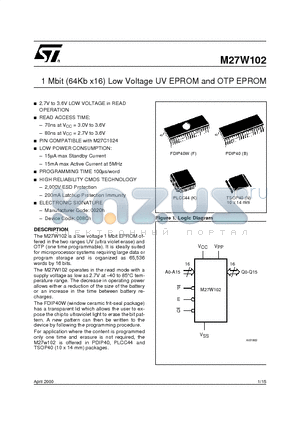 M27W102-120B6TR datasheet - 1 Mbit 64Kb x16 Low Voltage UV EPROM and OTP EPROM