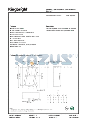 SA15-11SRWA datasheet - 38.1mm (1.5INCH) SINGLE DIGIT NUMERIC DISPLAY