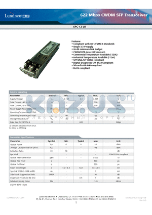 SPC-12-LR-55TDA datasheet - 622 Mbps CWDM SFP Transceiver