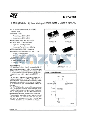 M27W201-120N6TR datasheet - 2 Mbit 256Kb x 8 Low Voltage UV EPROM and OTP EPROM