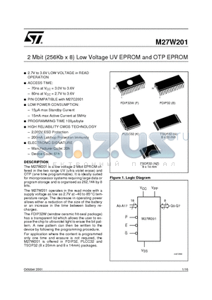 M27W201-200N6TR datasheet - 2 Mbit 256Kb x 8 Low Voltage UV EPROM and OTP EPROM