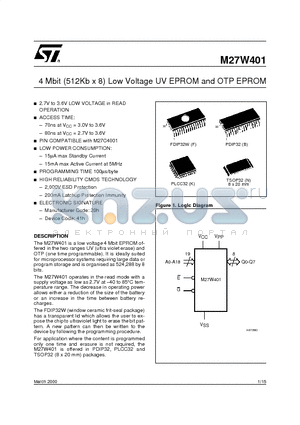 M27W401 datasheet - 4 Mbit 512Kb x 8 Low Voltage UV EPROM and OTP EPROM