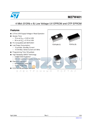 M27W401-100F6 datasheet - 4 Mbit (512Kb x 8) Low Voltage UV EPROM and OTP EPROM