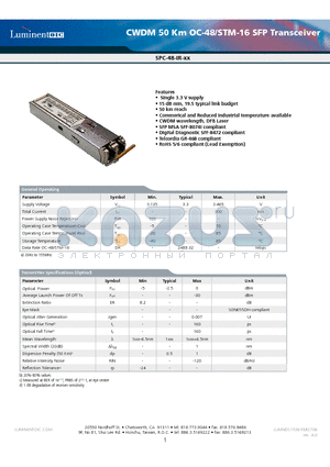 SPC-48-IR-31RNA datasheet - CWDM 50 Km OC-48/STM-16 SFP Transceiver
