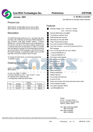 SM79108C40 datasheet - 8-Bit Micro-controller with 8KB flash & 256 Bytes RAM embedded