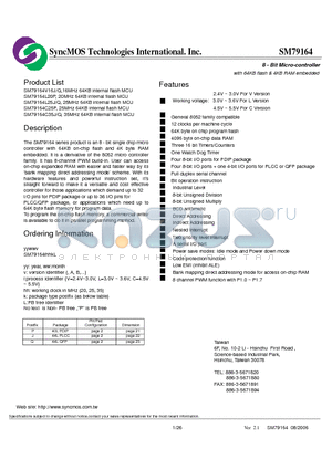 SM79164V16J datasheet - 8 - Bit Micro-controller with 64KB flash & 4KB RAM embedded