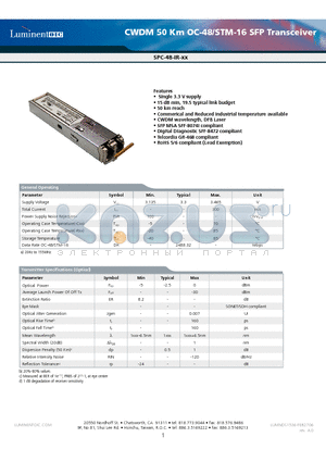 SPC-48-IR-47CNA datasheet - CWDM 50 Km OC-48/STM-16 SFP Transceiver