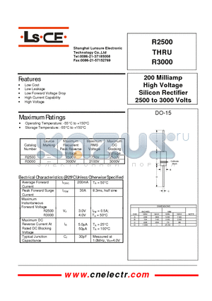 R3000 datasheet - 200Milliamp high voltage silicon rectifier 2500to3000 volts