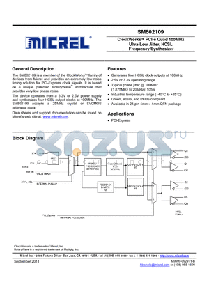 SM802109 datasheet - ClockWorks PCI-e Quad 100MHz Ultra-Low Jitter, HCSL Frequency Synthesizer
