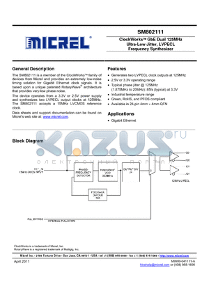 SM802111 datasheet - ClockWork GbE Dual 125MHz Ultra-Low Jitter, LVPECL Frequency Synthesizer